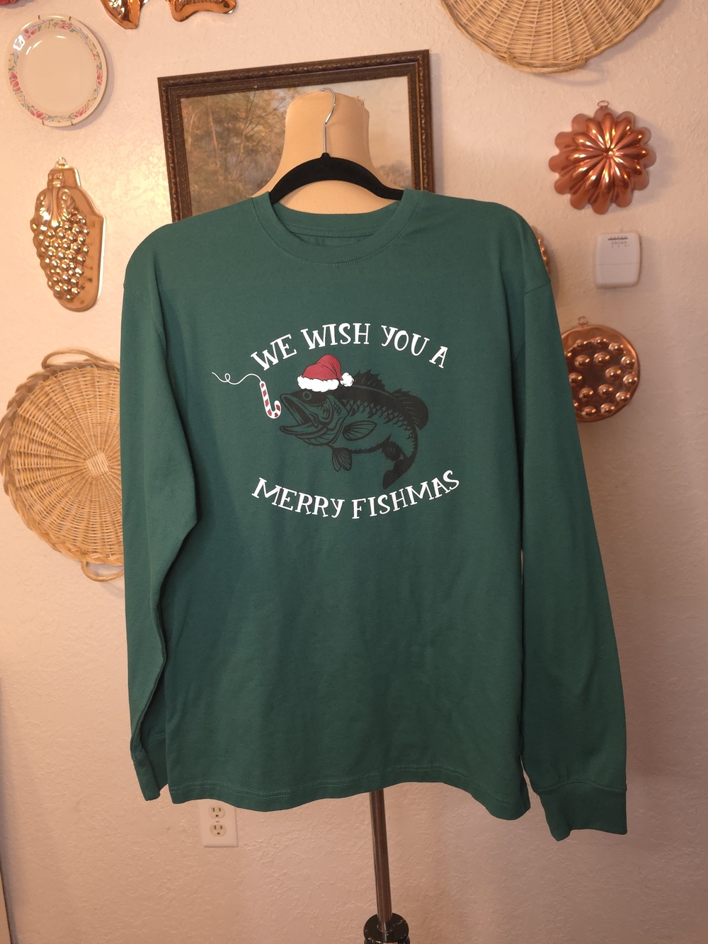 RedHead Merry Fishmas Bass Christmas Holiday Dad Joke Long Sleeve Shirt